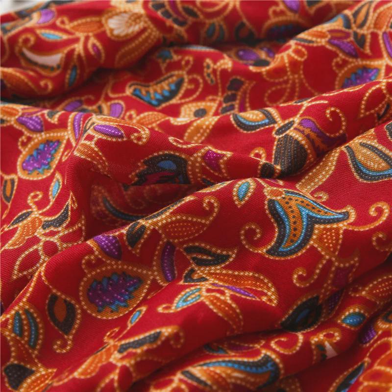 Bohemian Ethnic Cotton & Linen Scarf - Red Travel Shawl with Silk Accent