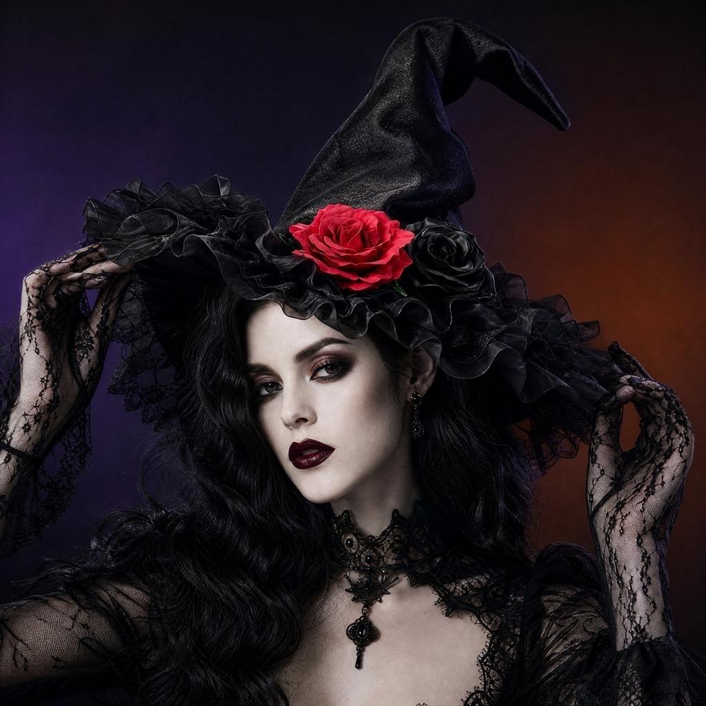 Halloween Witch Hat with Lace Trim and Rose
