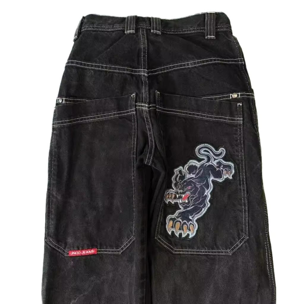 Streetwear JNCO jeans Y2K hip-hop cartoon pattern loose black pants men's and women's wide-leg pants wholesale