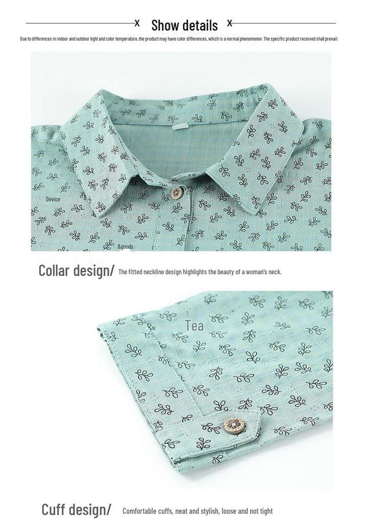 Mid-aged & Elderly Women's Floral Cotton Shirt, 3/4 Sleeve, Loose Plus Size Top