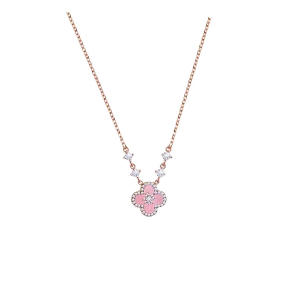 Cherry Blossom Pink Four-leaf Clover Necklace for Women Elegant and Sophisticated Collarbone Chain