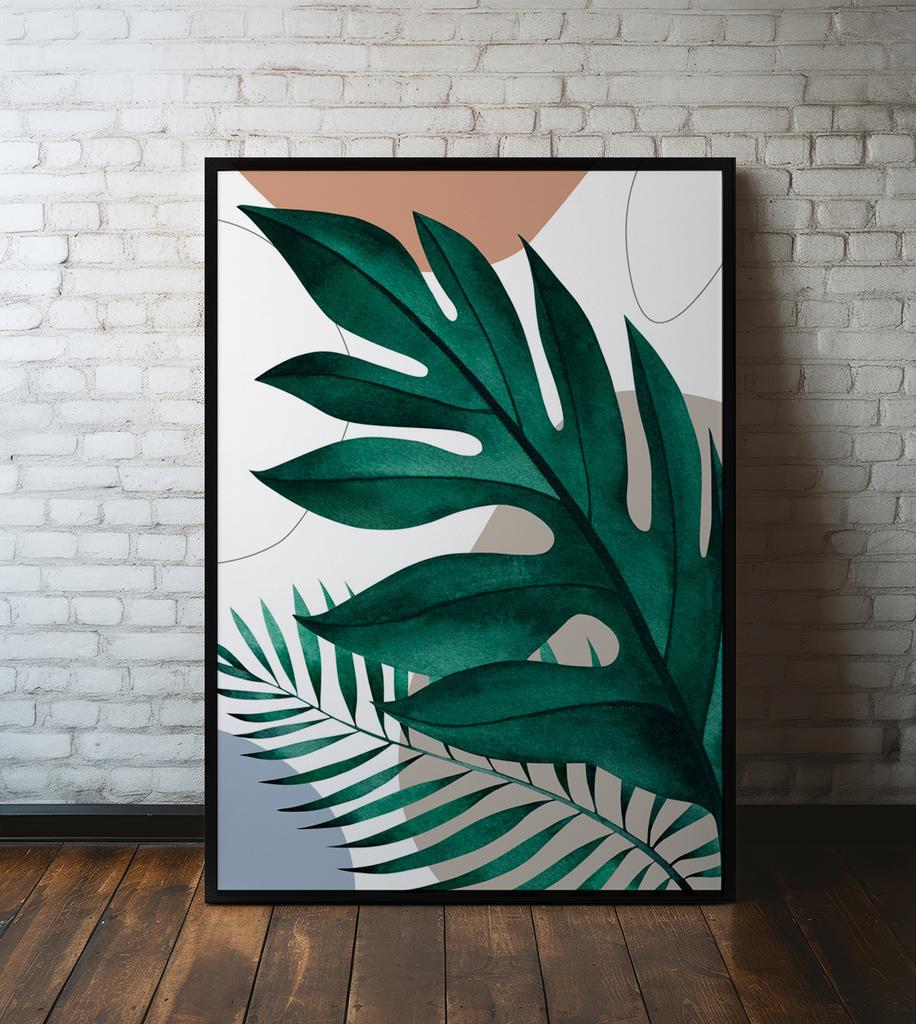 Green Leaves Boho Poster In a Black Frame