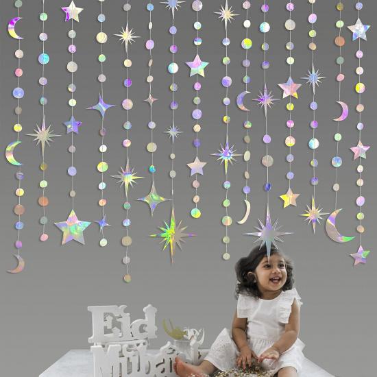 Iridescent Star Moon Circle Dot Garland Party Decoration Kit Hanging Crescent and Twinkle Little Star Streamer Bunting Banner for Kids First Birthday