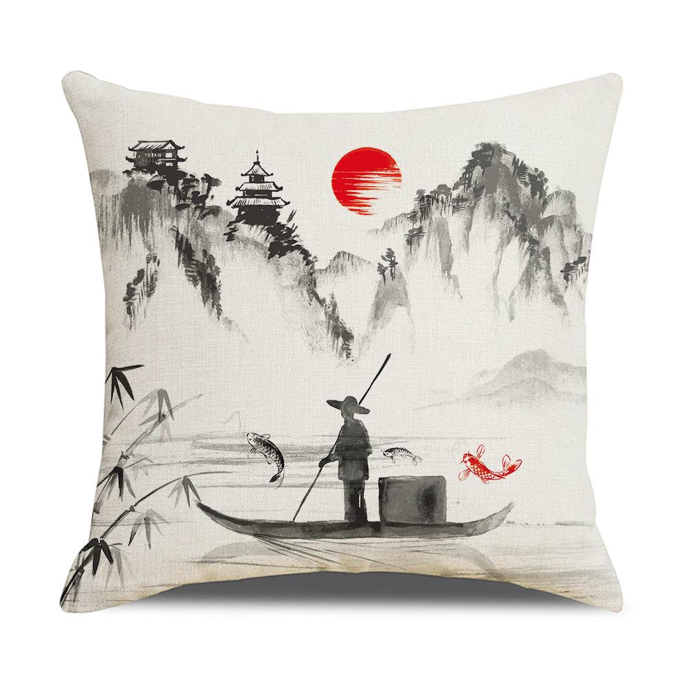 New Chinese Style Linen Pillowcase Ink Painting Landscape Digital Printing Cushion Cover Sofa Living Room Bedroom Cushion Cover