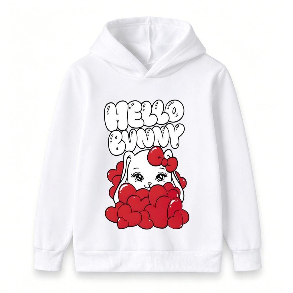 Kids Boys Girls Cute Hello Bunny Print Pullover Hoodie, Casual  Sweatshirt with Lovely Red Heart Bunny Pattern for Daily Wear Themed
