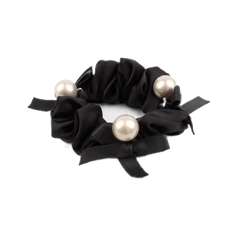 Avance Hair Accessory Hair Tie Scrunchie with Pearl Cute and Adult Style for Beige and Black Ribbon, Women, (Black)