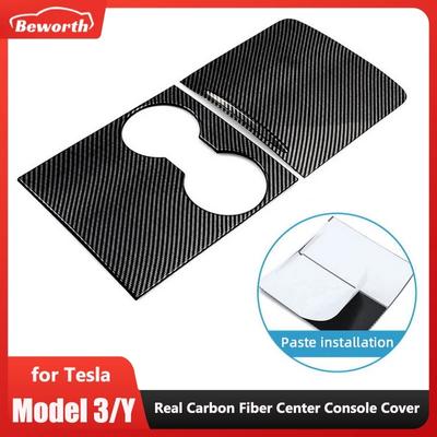 Couvre-console centrale en fibre de carbone véritable pour Tesla Model 3 Y 2023 2022 Carbone sec Brillant Panneau de commande Intérieur de voiture