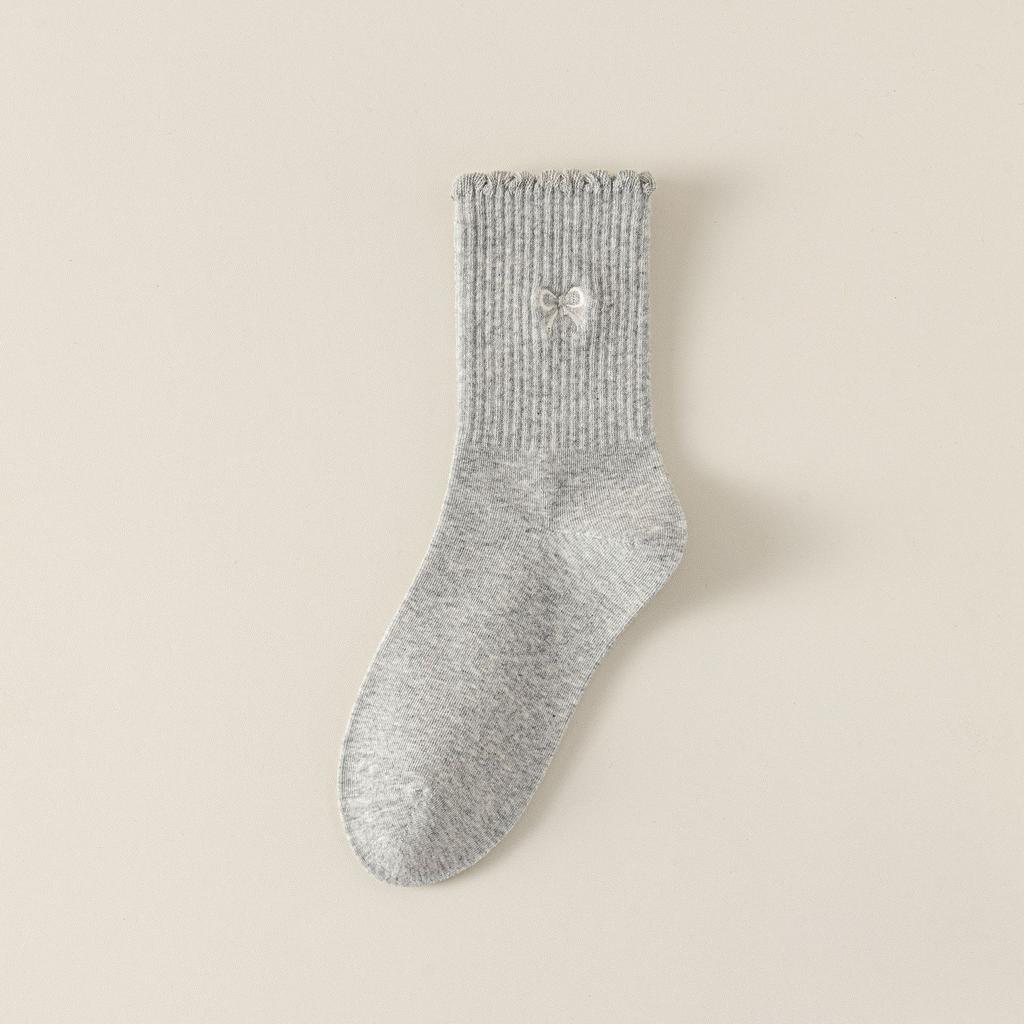 Female Autumn and Winter New Embroidery Bow Lace Polka Dot Wicking in The Tube Stack Socks