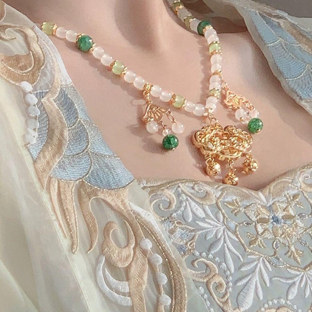 Flower Longevity Lock Pendant Chain Choker Ruyi Pearl Choker Luxury Vintage Hanfu Necklace  Party