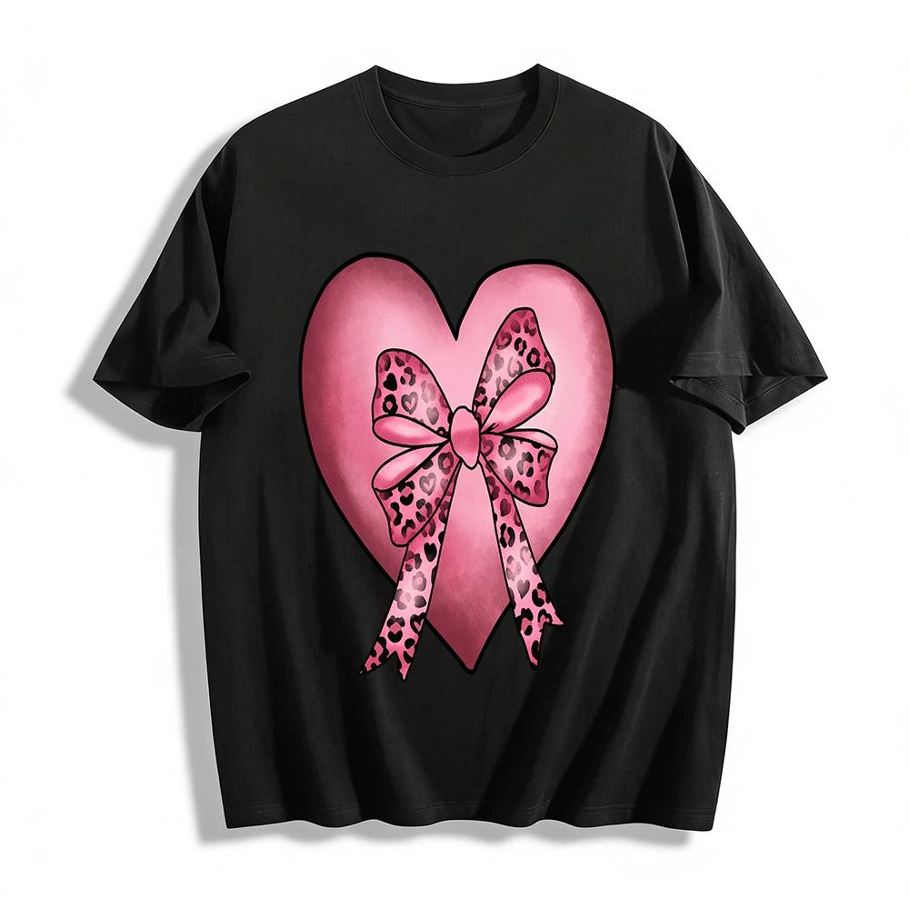 

Sweet Cool Pink Leopard Bow Heart Print Casual Top Pure cotton T-shirt XXS