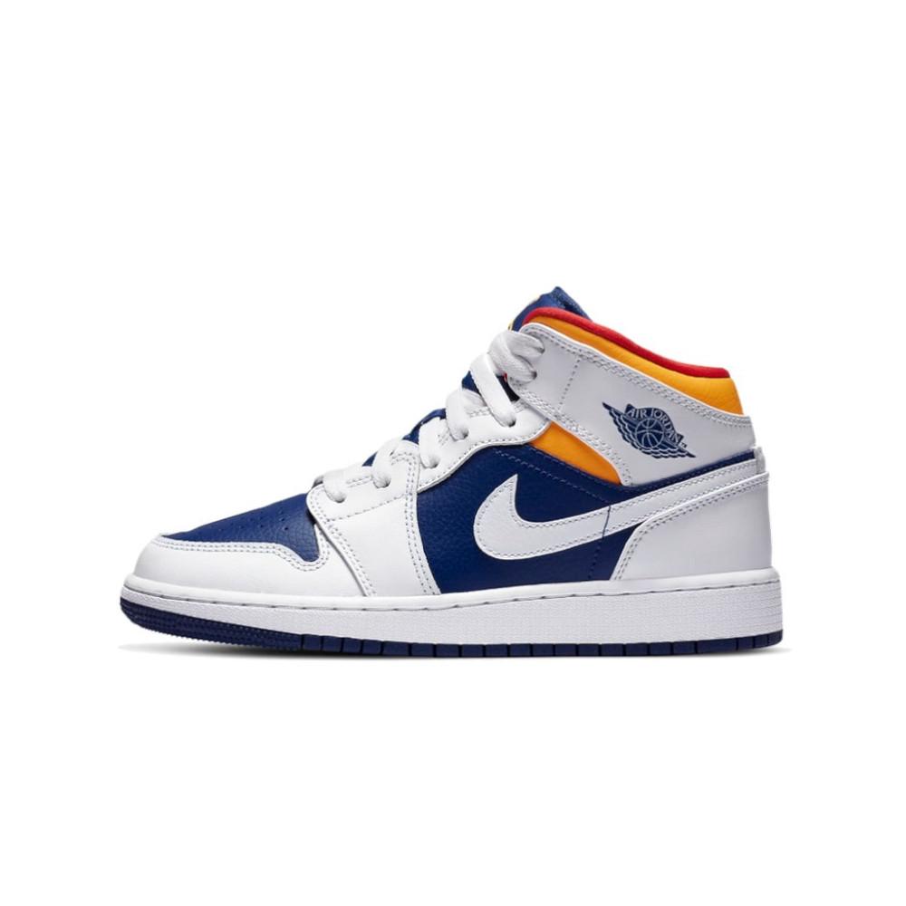 Air Jordan 1 Mid Bílá Laserová oranžová Hluboká královská modrá