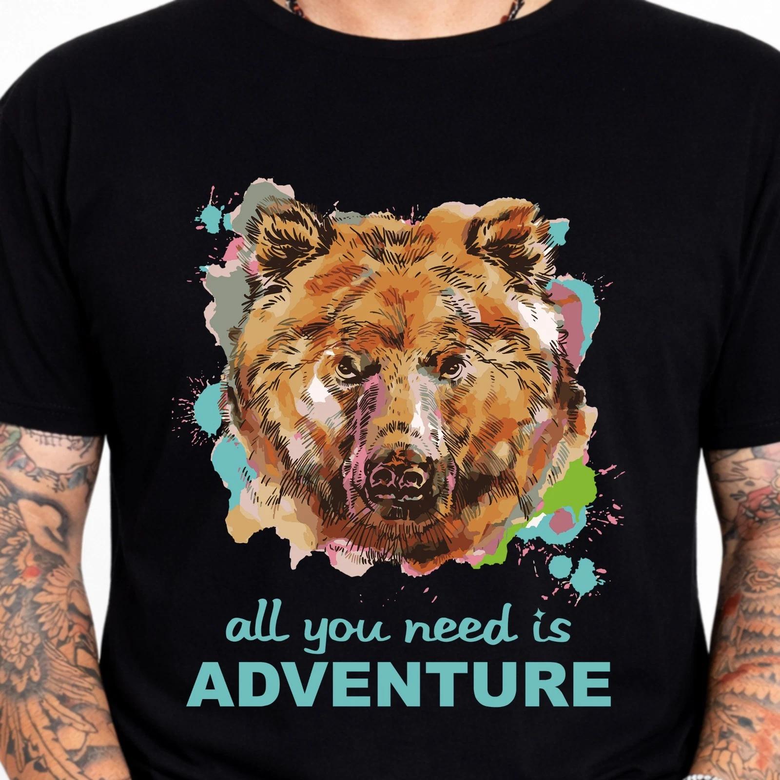 Bear T Shirt All You Need Is Adventure Grizzly Wildlife Graphic Tee Camping Gift XS