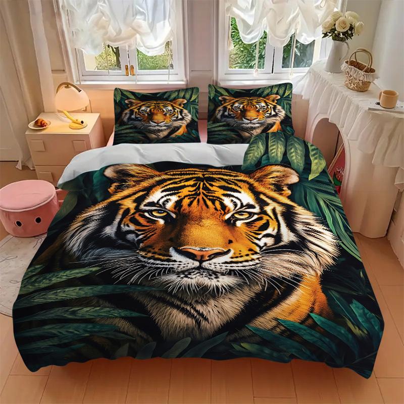 3pcs Tiger Print Duvet Cover Set - Machine Washable, Includes 1 Cover and 2 Pillowcases, No Core Included yy251013095