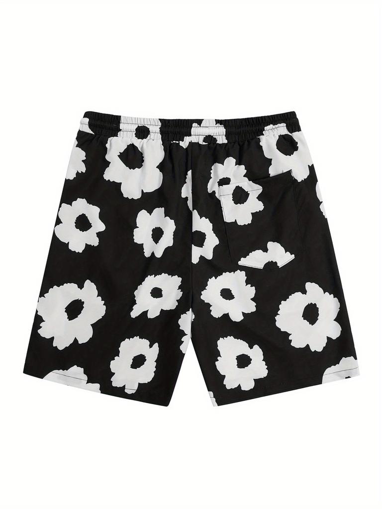 Men's Floral Graphic Print Drawstring Shorts, Summer Casual Shorts with Pockets, Beach Hawaiian Shorts