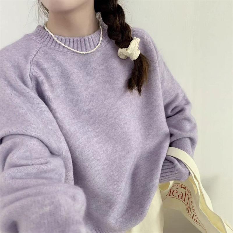 Retro soft waxy round neck pullover sweater for women to wear with autumn and winter new loose lazy wind knitted sweater top for women