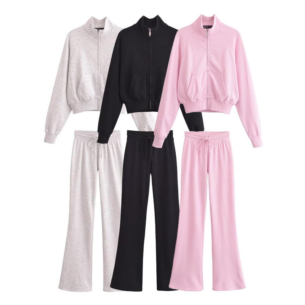 Spring 2025 Women's Casual European/American Style Stand-up Collar Zip-up Sweatshirt with Long Pants