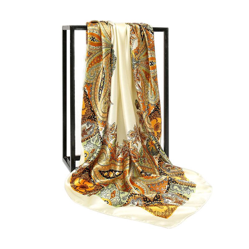90cm Satin Charmeuse Printed Large Square Scarf - Versatile Sun Protection