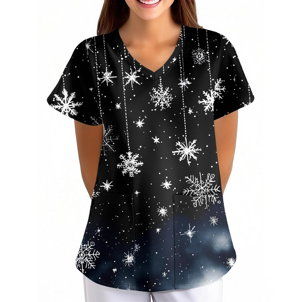Women's Christmas Print Loose V-Neck Pocket Short-Sleeved Uniform