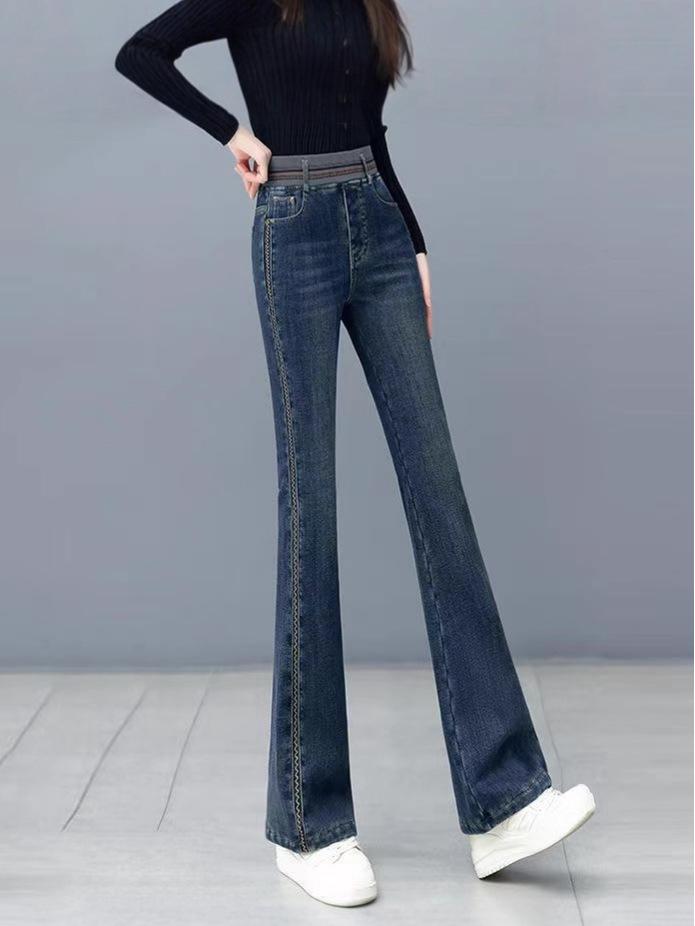 Women's High Waist Velvet-Lined Denim Flare Pants – Warm, Elastic, Slimming & Trendy