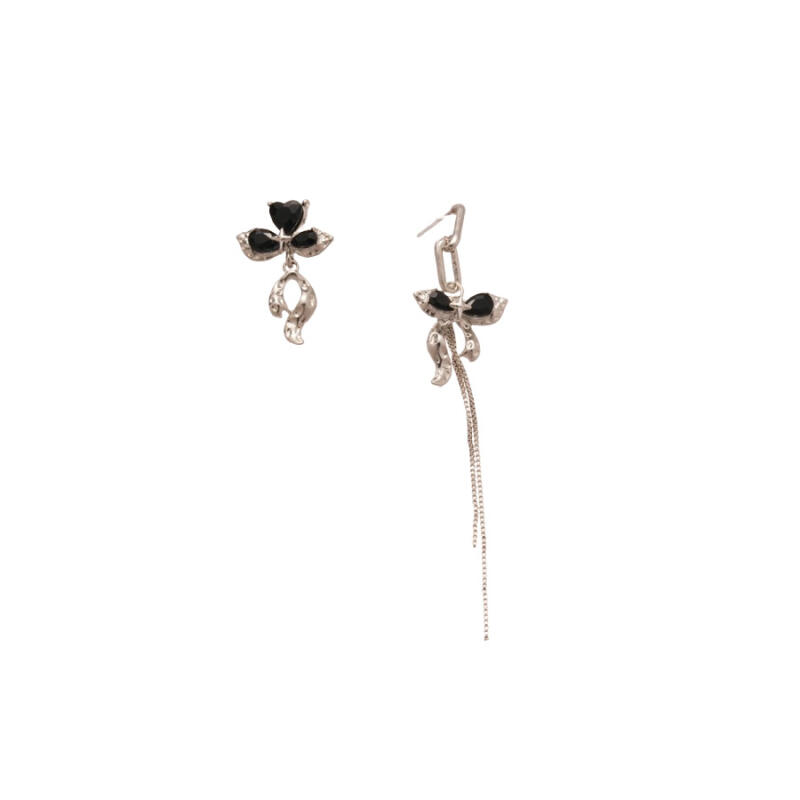 Exquisit Black Zircon Bowknot Tassel Dangle Earrings for Women Girl Korean Style Asymmetry Metal Stud Earrings Jewelry Wholesale