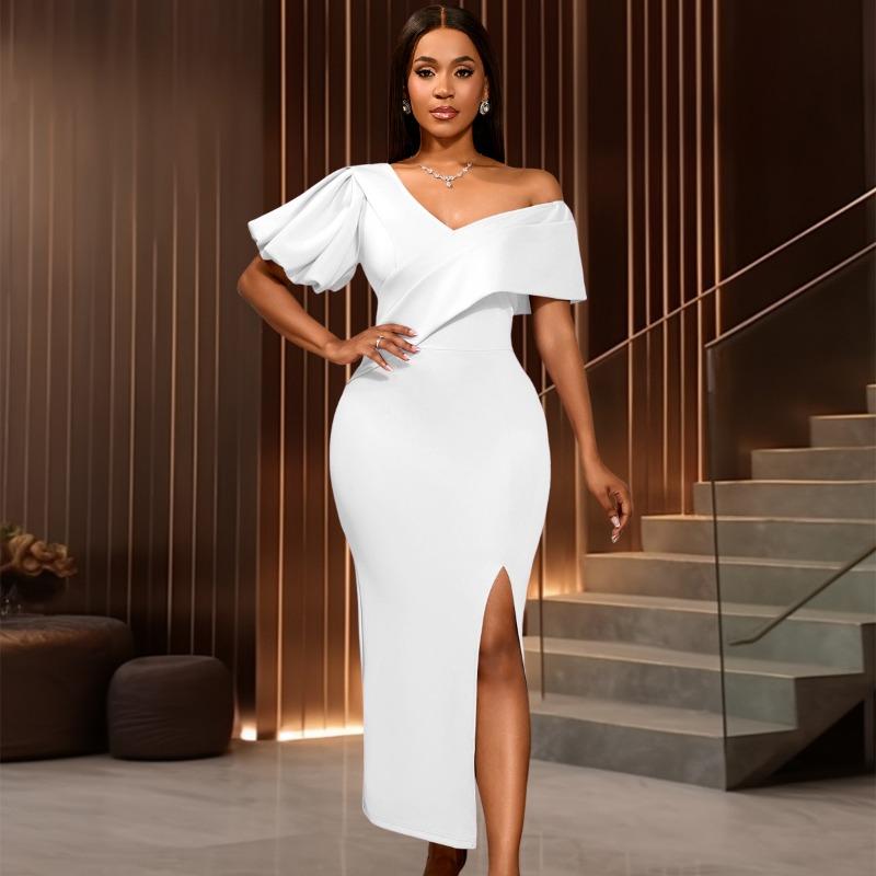 Women Elegant Solid Color Lantern Short Sleeve V Neck High Waist Long Bodycon Dress For Party Wedding Banquet