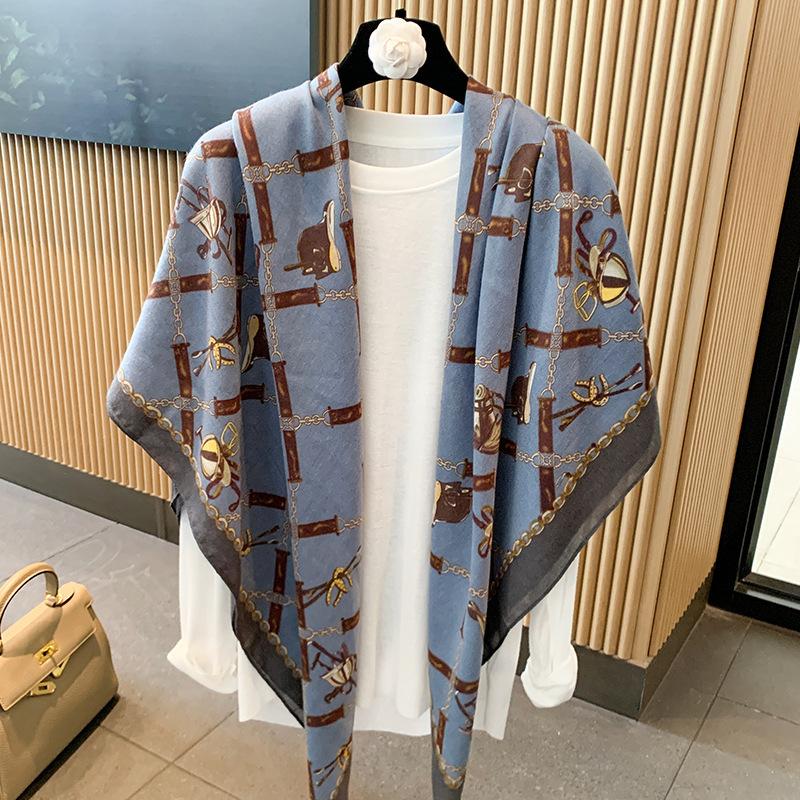 Blue Retro 130 Square Scarf Summer Air-Conditioned Room Shawl Sunscreen Silk Scarf Spring And Autumn Linen Scarf