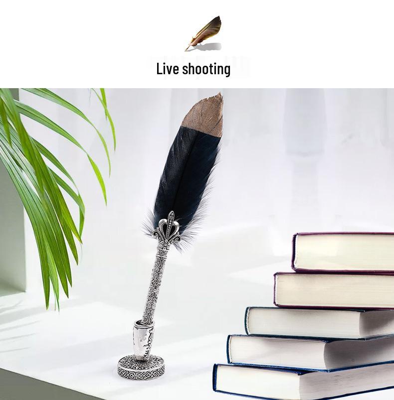 European Retro Feather Calligraphy Set: Oblique Nib Dip Pen with Holder and Ink Engraving