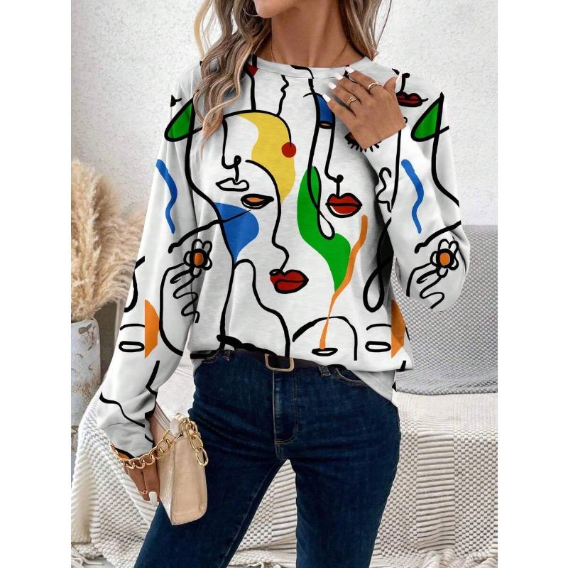 

EMERY ROSE Women Casual Portrait Print Loose Crew Neck Long Sleeve T-Shirt, Suitable For Autumn/Winter S