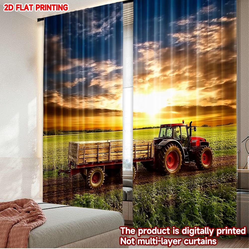 

Set Of 2 Sunset Tractor Curtains Flat Digital Printing Red Wood Cart Countryside Field Bedroom Decor Rustic Made Polyester Window Treatment W100*H70(CM)-Rod Pocket&2PCS