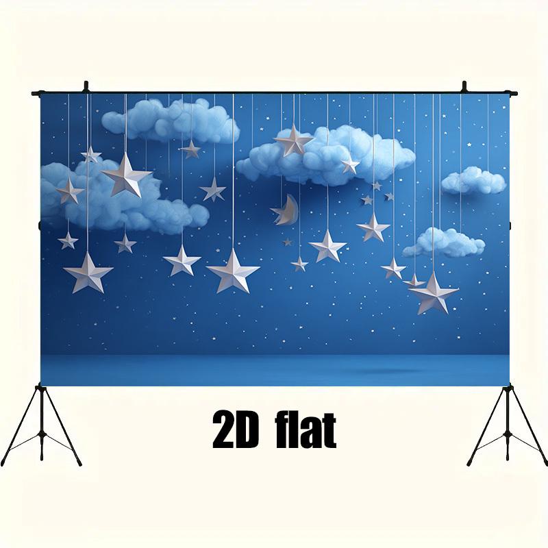 2D Plan, 1 Piece of Starry Sky and Cloud Background Cloth, Sparkling Stars - Party Decoration In Deep Blue and White Night Sky