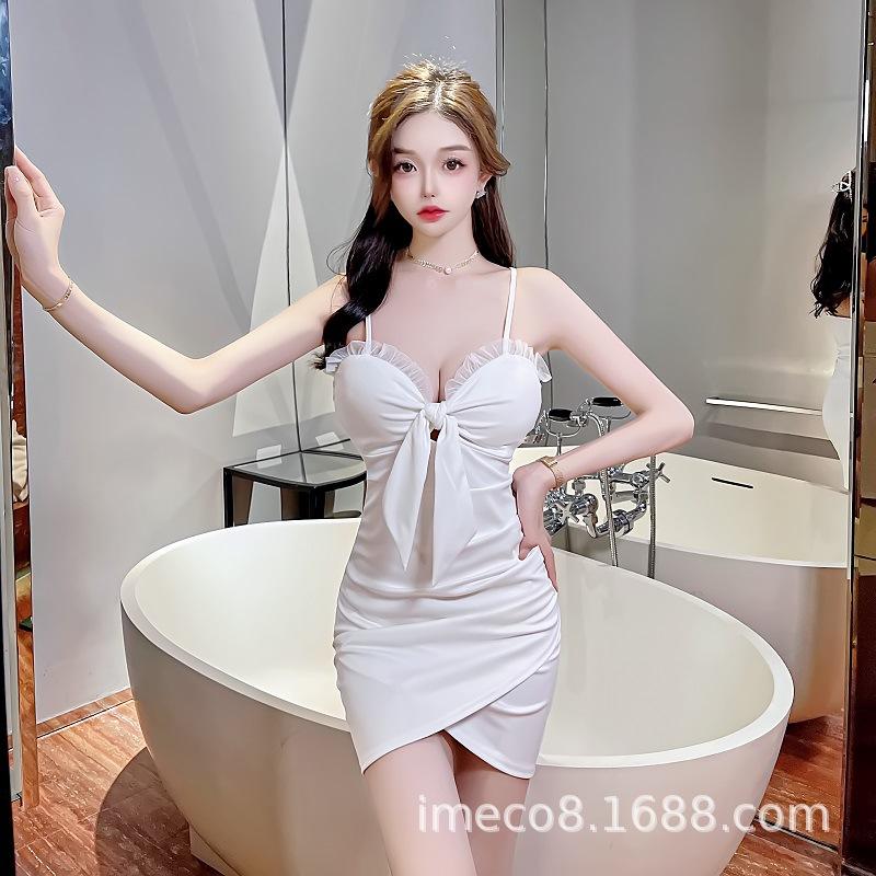 

Sexy low-cut bow tight-fitting hip-wrapped bottoming skirt autumn and winter night show work clothes red suspender dress women S белый