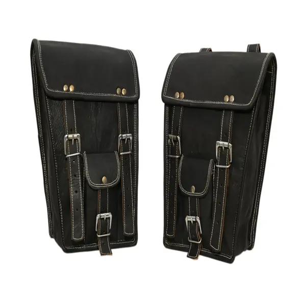 Handmade Black Goat Leather Motorcycle Saddlebags - Vintage Biker Panniers (Set of 2)
