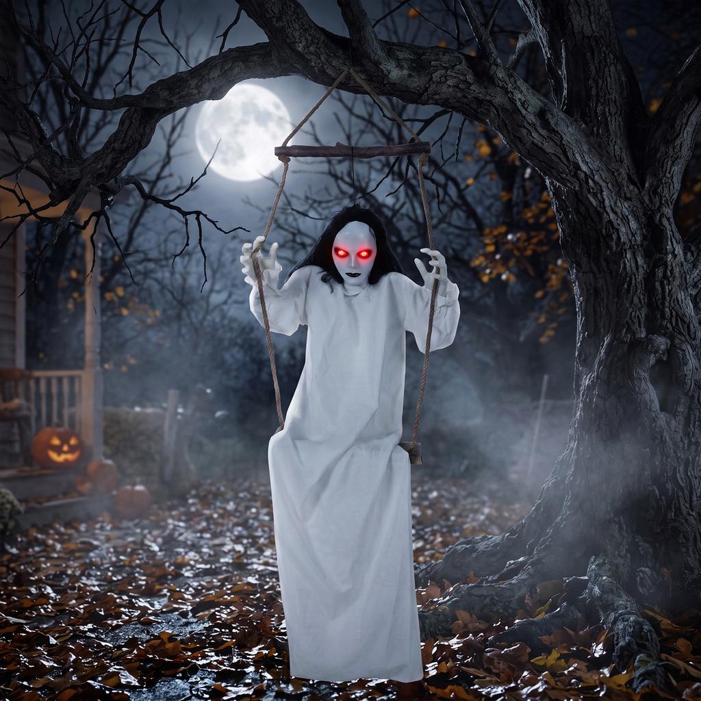 170cm Animated Hanging Swing Ghost Halloween Decoration, Sound Touch Activated Ghost Halloween Animatronic