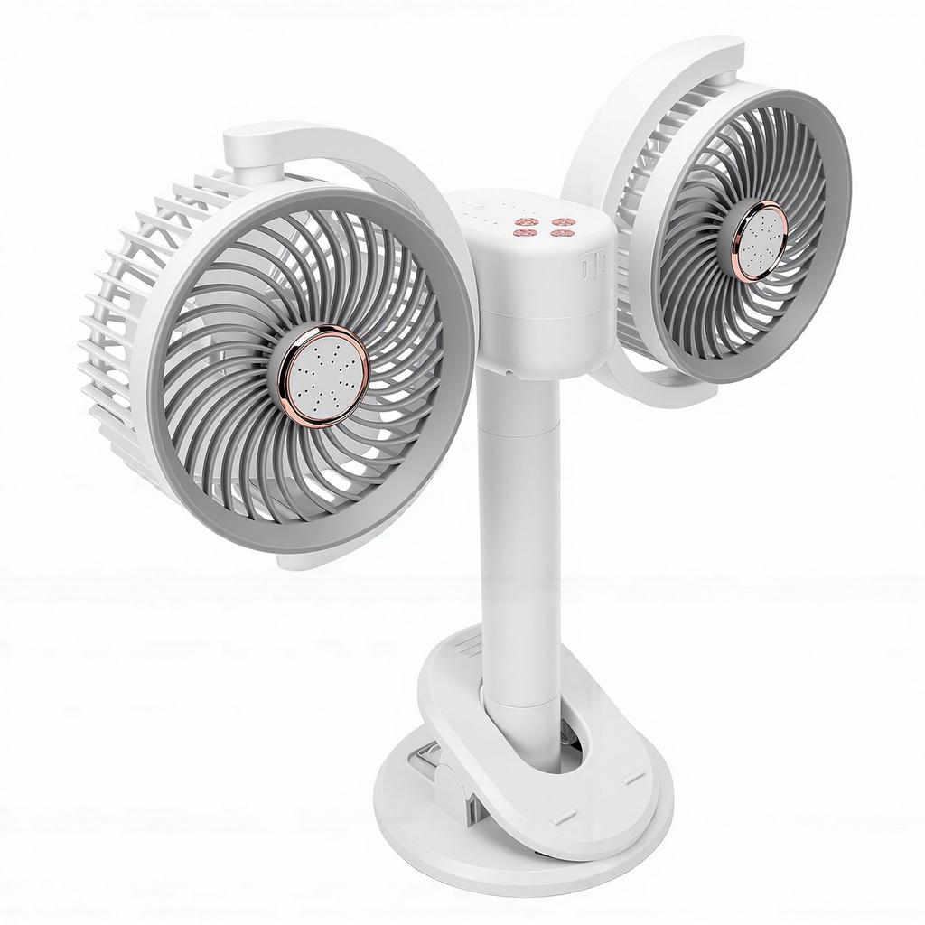 Dual Head Desk Fan USB Charging 360 Degrees  Rotation Adjustable Height Night Light Portable Dual Head Clamp On Fan
