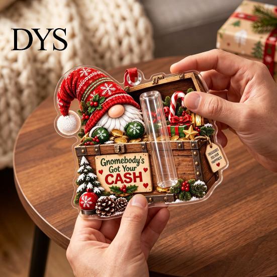 Money Gift Box for Kids Gnome Christmas Cash Holder Ornament, Acrylic Hanging Pendant Personalized Holiday Tree Decoration, Surprise Reveal
