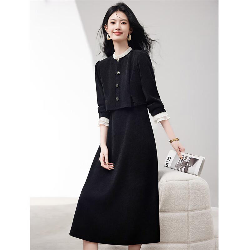 Petite Corduroy Fake Two-Piece Long-Sleeve Dress