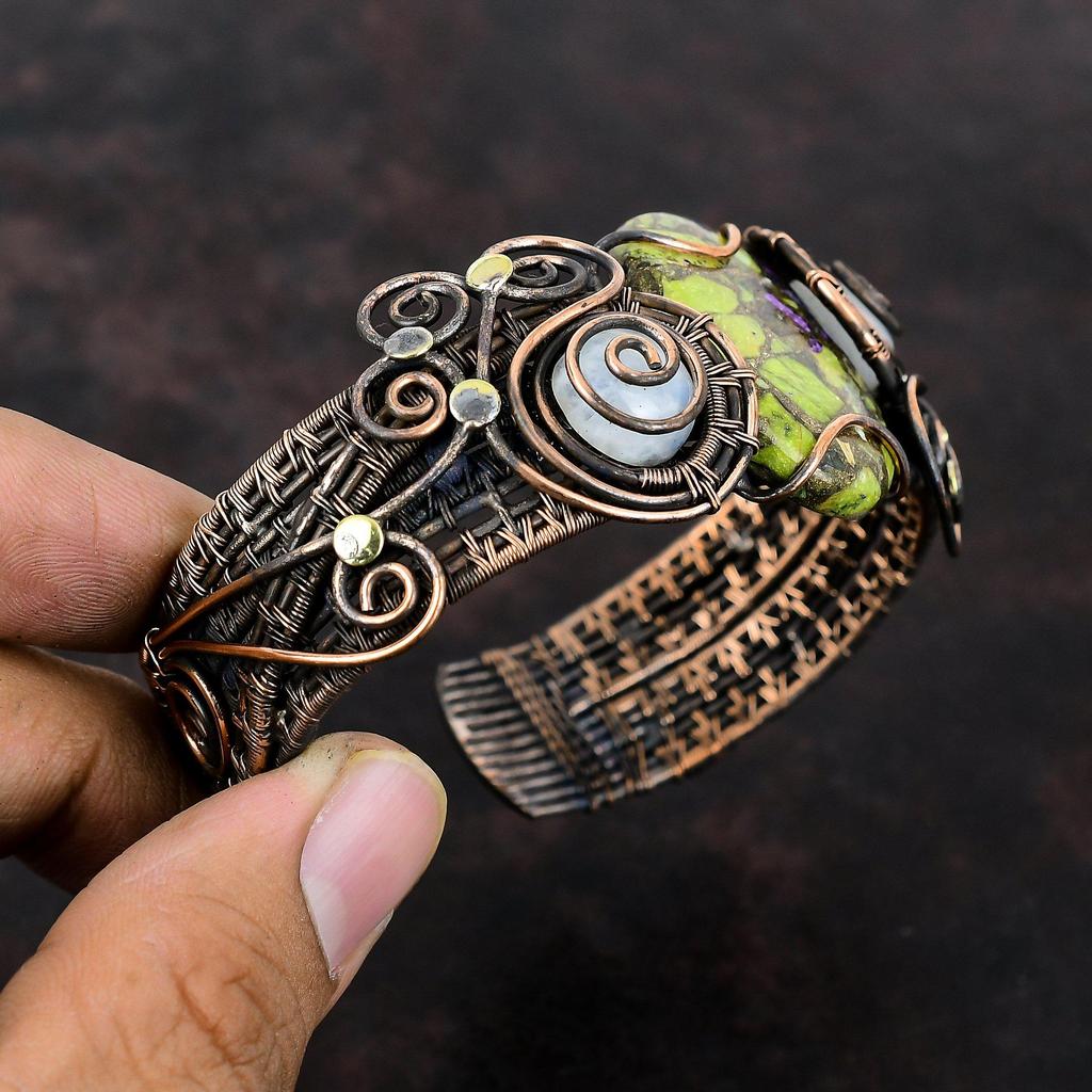 Bracelet manchette en stichtite de cuivre Bracelet en pierre de lune arc-en-ciel Bracelet manchette en pierres précieuses enveloppé de fil de cuivre Bracelet réglable Bijoux en cuivre faits à la main