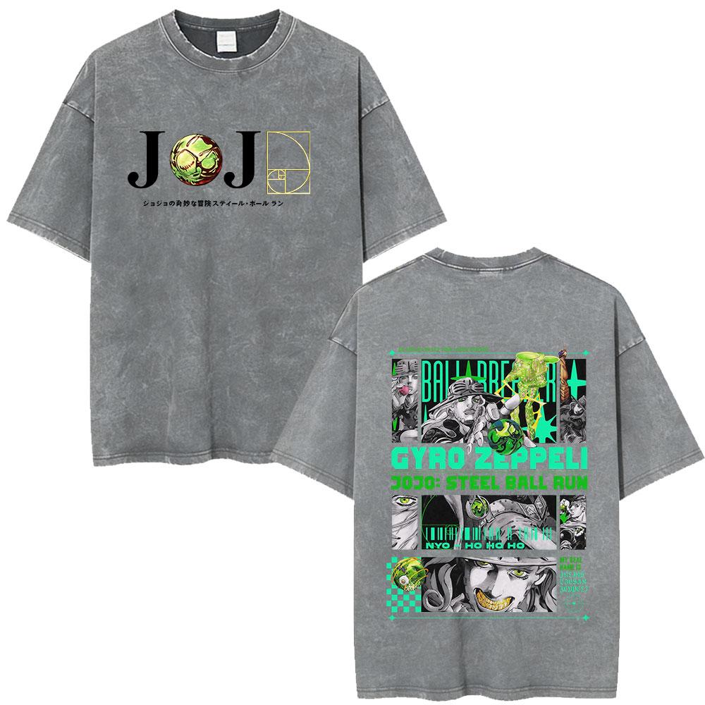 Anime JoJo Bizarre Adventure Jotaro Kujo Vintage Acid Washed T Shirts Men Women Cotton Casual Short Sleeves Tshirts Streetwear