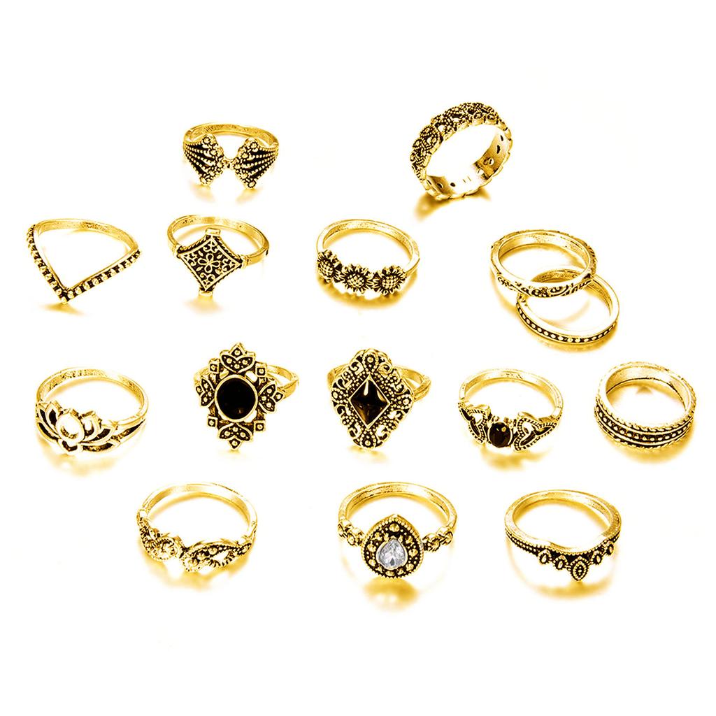 Bohemian Retro Ancient Lotus Women's New Ring Set of 15 Pieces