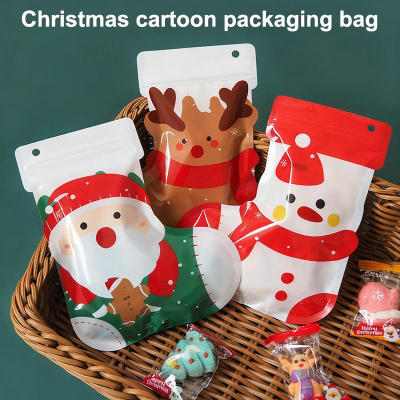 10Pcs Year Plastic Flower Zipper Packaging Bag Diy Christmas Elk Kids Toys Sugar Socks Candy Snack Gift Storage Pouches