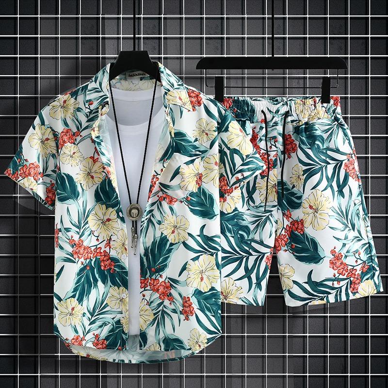 Hawaii Summer Men's Loose Large Size Beach Shirt Suit Vacation Casual Fashion Trendy Short-sleeved + Shorts
