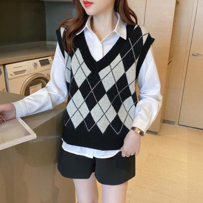 Colete Tricotado Feminino com Padrão Xadrez Diamante Solto Decote V Regata Pulôver Sem Mangas Casual Escola Top Suéter