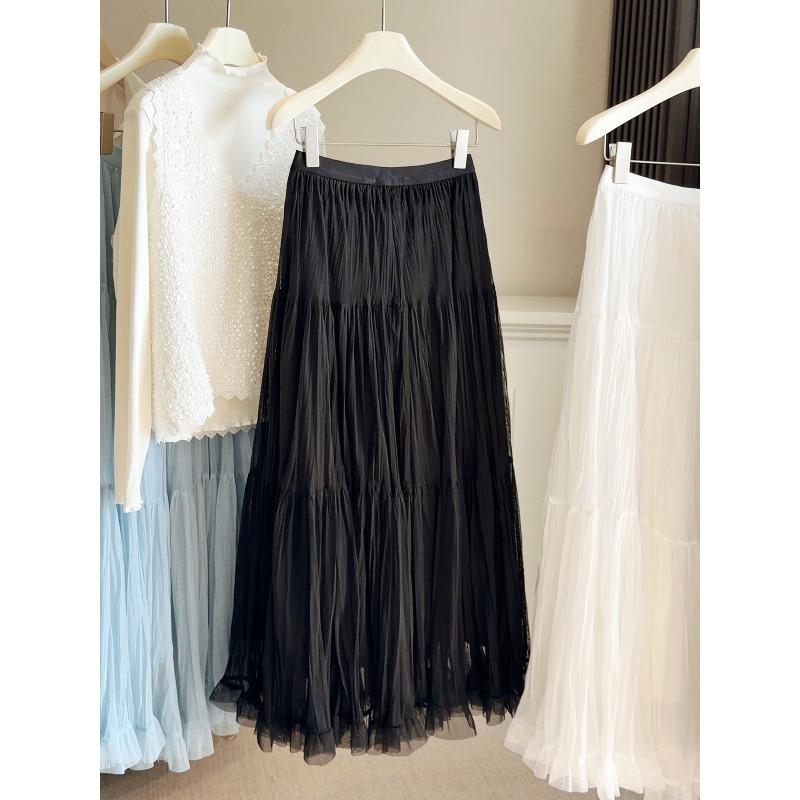 Spring High Waist Ruffle Leaf Edge Mesh Big Swing Skirt Women's New Gentle and Thin A-shaped Long Skirt