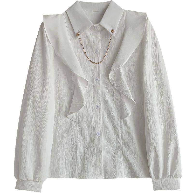 

Korean Style Solid Color Shirt with Large Side Chain - Women s Loose Fit for Autumn & Spring XXS білий