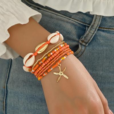 Ensemble Bohème Sept Pièces Bracelets pour Femmes d'Été - Tissage Perlé Coquillage avec Pendentif Étoile de Mer Tendance Plage