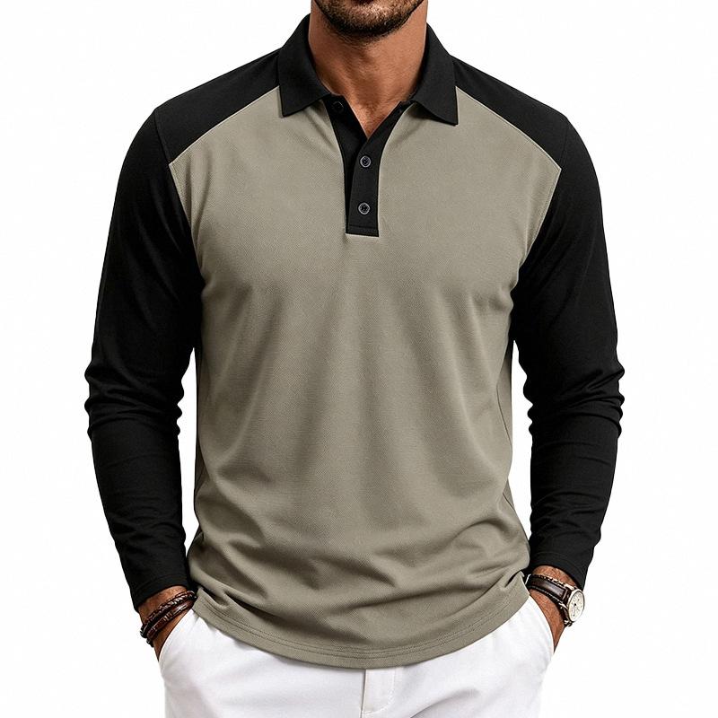 Herren American Style Lockerer Farbblock Casual Umlegekragen Langarm Golf Poloshirt
