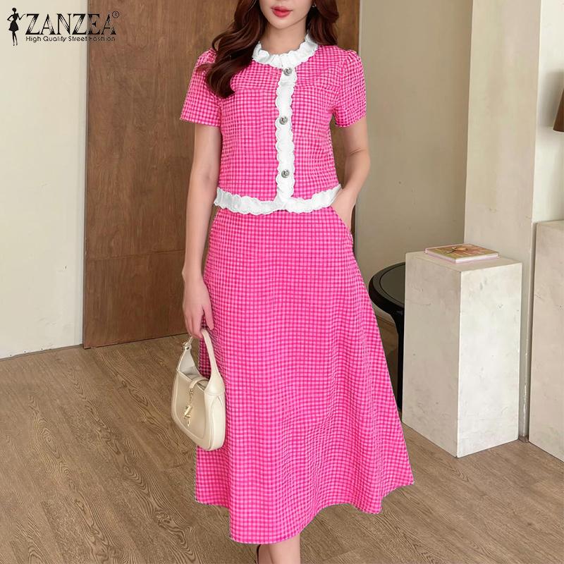 ZANZEA Women Short Sleeve Blouse and Long Skirts Plaid Print Two Piece Suit Sets
