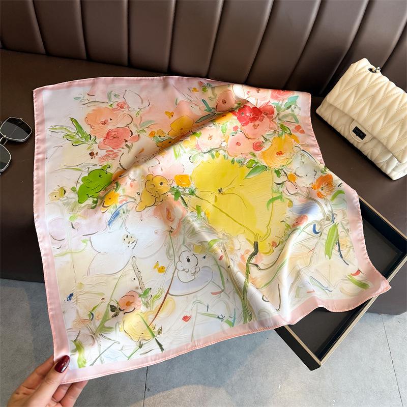 Korean Version of Oil Painting Simulation Silk Printing Silk Scarf Square Scarf High-end Shawl Sunscreen Neck Professional Scarf Headscarf Scarf