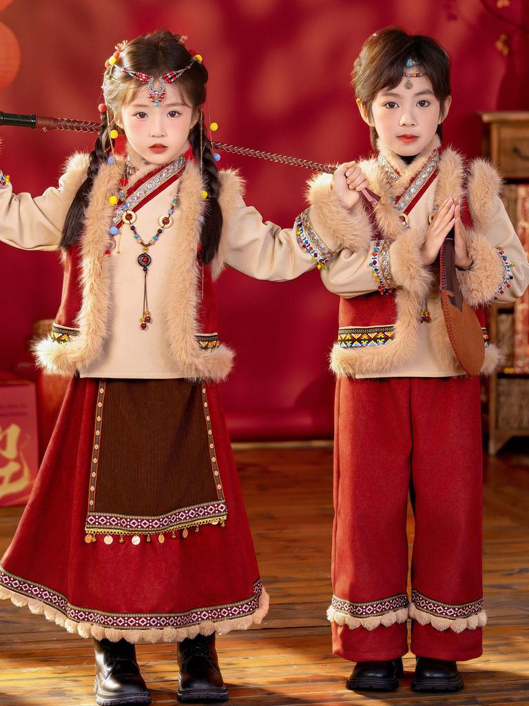 Children's Velvet Hanfu: Ethnic Performance Costume for Boys and Girls