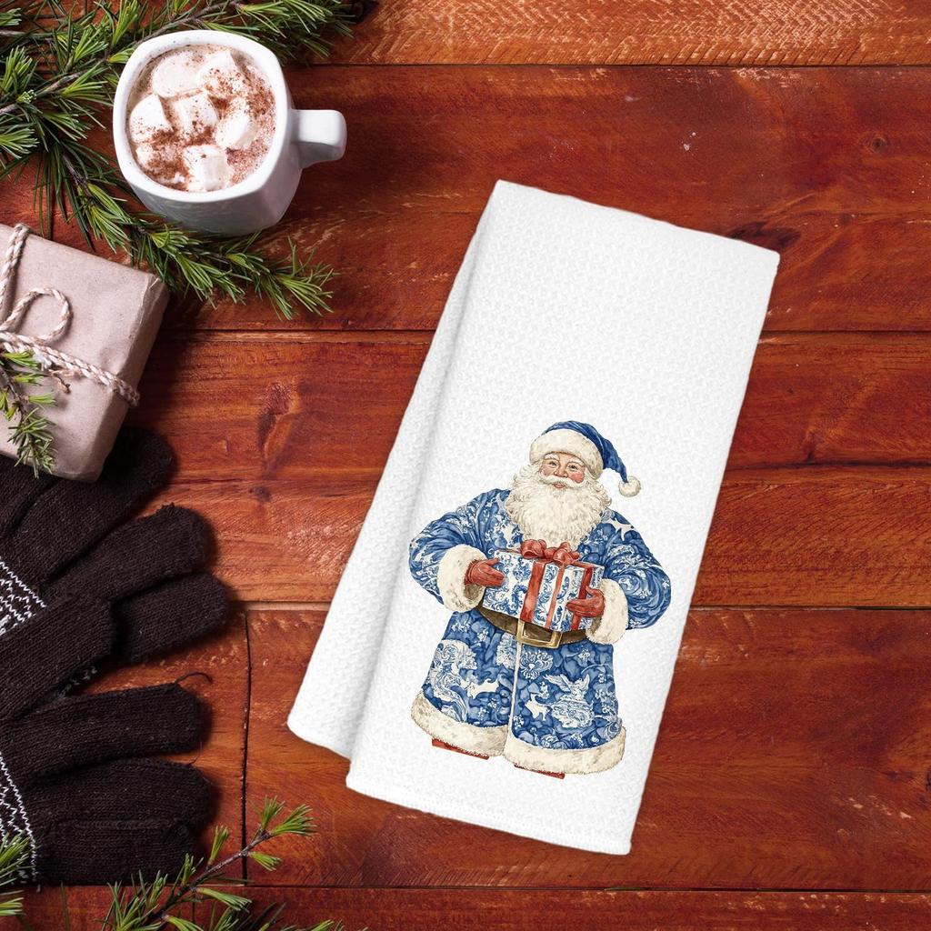 Blue Chinoiserie Winter Santa Kitchen Towels, Blue and White Toile Santa Dish Tea Towels for Kitchen Decor, Grandmillennial Xmas Holiday Decorative